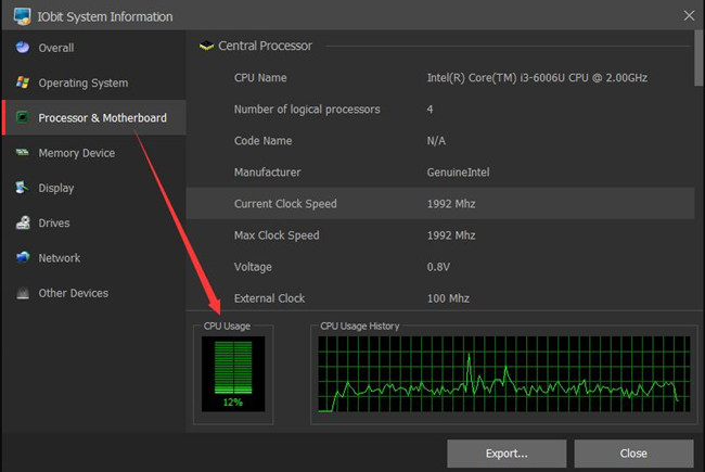 cpu usage in iobit system information