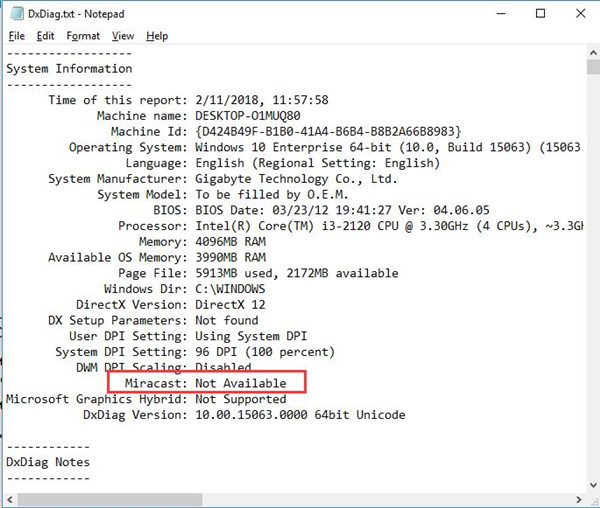 dxdiag text support miracast