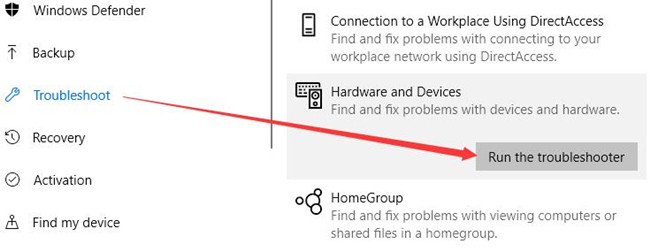 run hardware and devices troubleshooter