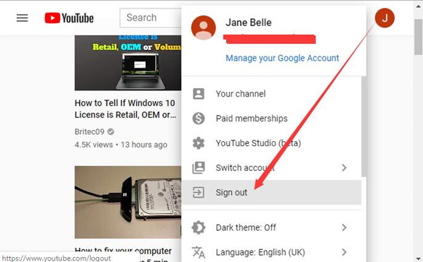 sign out youtube