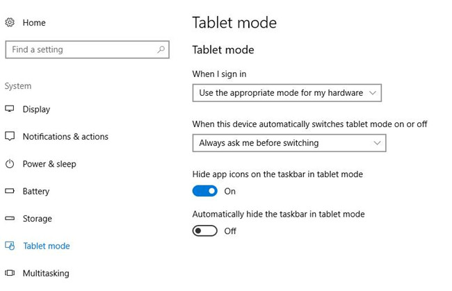 tablet mode settings