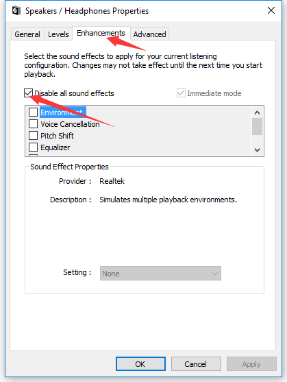 windows 10 disable audio enhancements