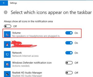 turn on volume in select which icons appear on the taskbar