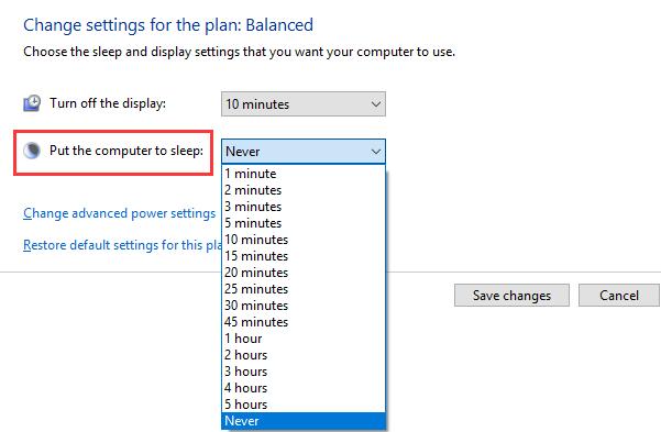 change sleep settings never