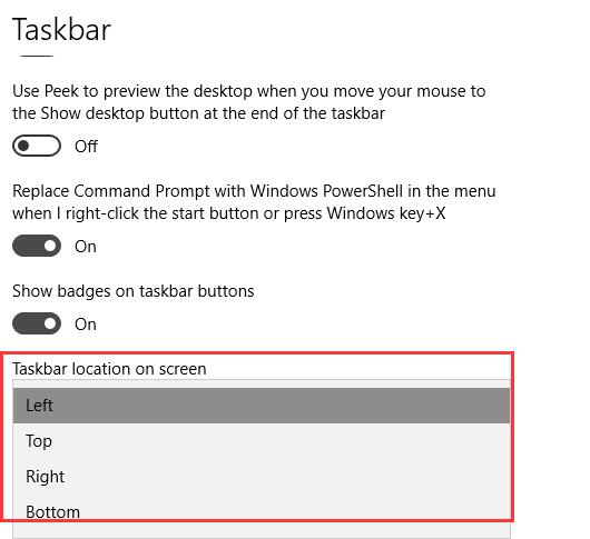 change taskbar location on windows 10