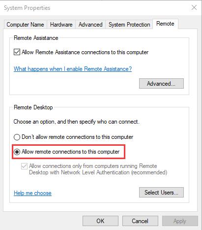 check allow remote connections to this computer