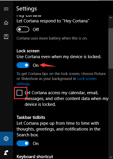 check cortana lock screen settings