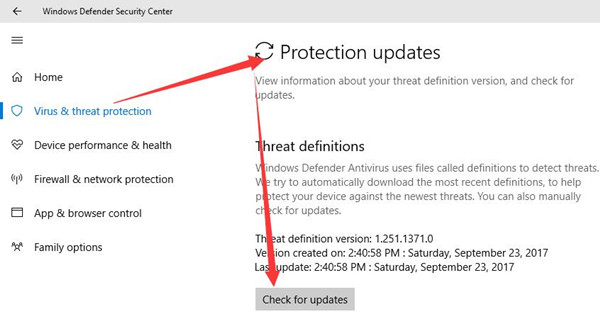 تحقق من تحديثات Windows Defender