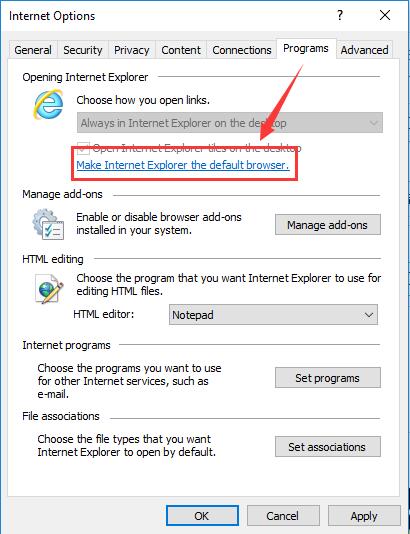 make internet explorer as the default browser