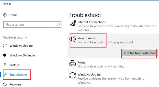 playing audio run the troubleshooter