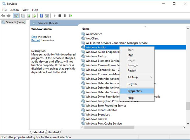 properties of windows audio services