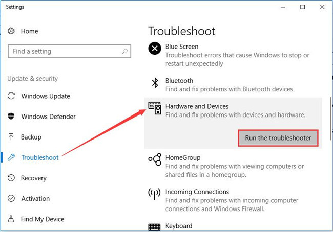 run hardware troubleshooter