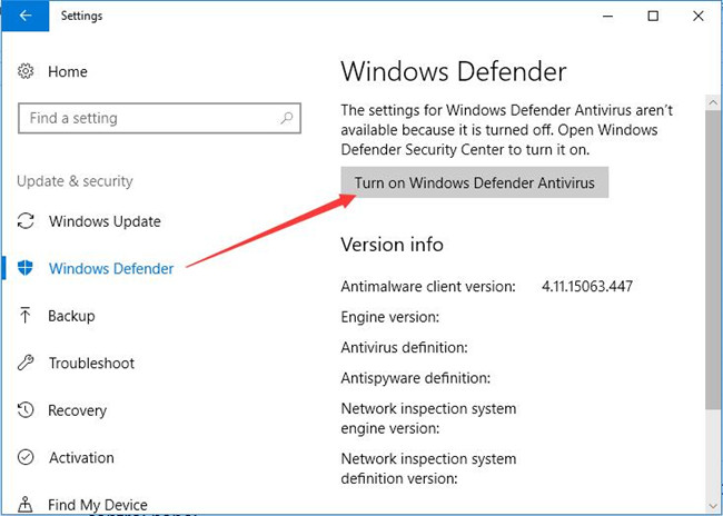 turn on windows defender antivirus