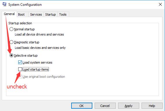 uncheck load startup items
