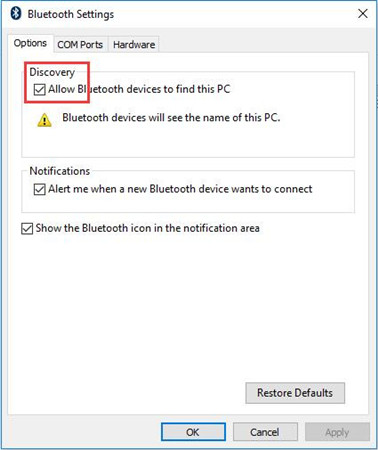 allow bluetooth devices to find this pc