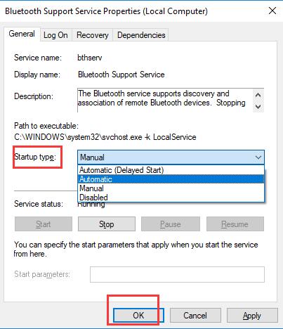 bluetooth support service start type