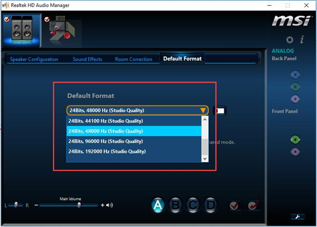 change default format on realtek hd audio manager