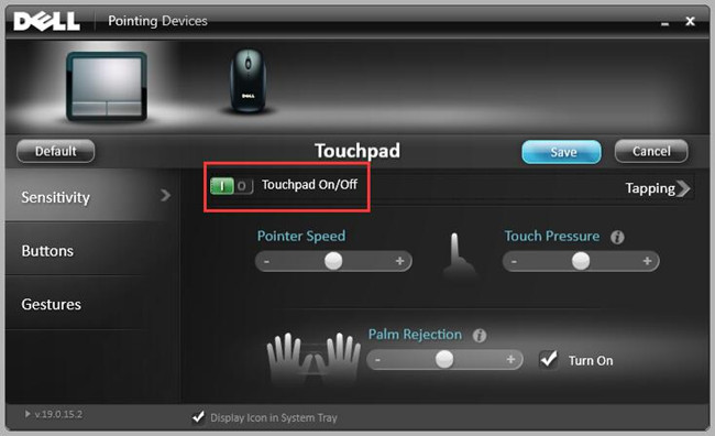 dell pointing devices sensitivity touchpad turn on