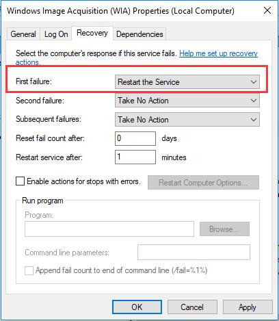 first failure restart the service