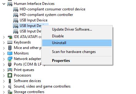 uninstall usb input device driver