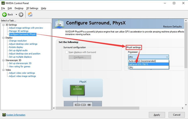 configure surround physx settings