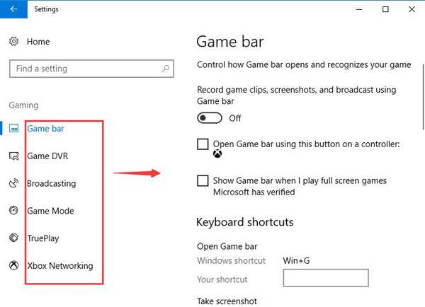 disable game bar and xbox options