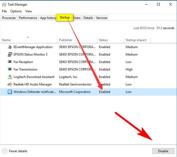 enable or disable windows defender icon