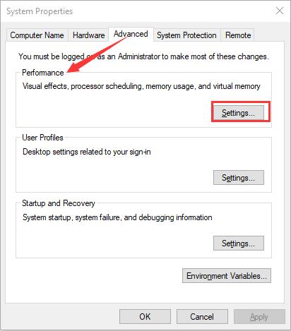 settings under advanced tab