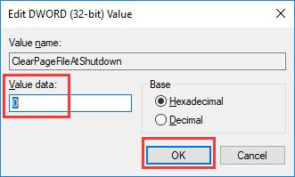 type clear page file at shut down value data