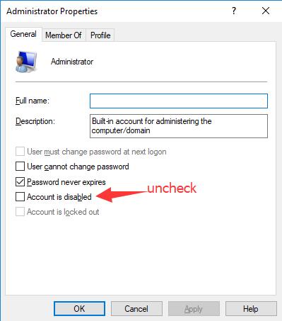 uncheck account is disabled