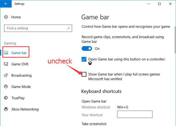 uncheck show game bar when i play full screen game microsoft has verified