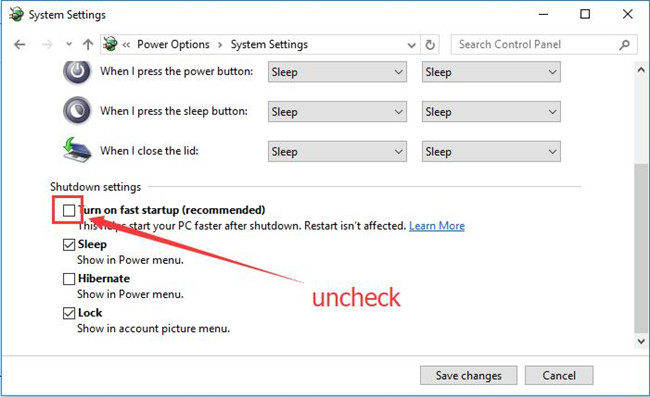 uncheck turn on fast startup