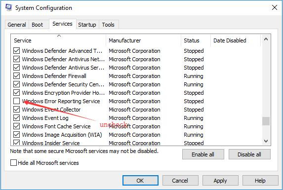 uncheck windows error reporting service