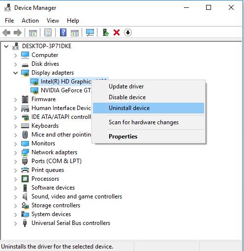 uninstall display driver in device manager