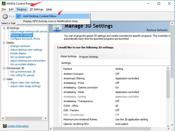 add desktop context menu in nvidia control panel