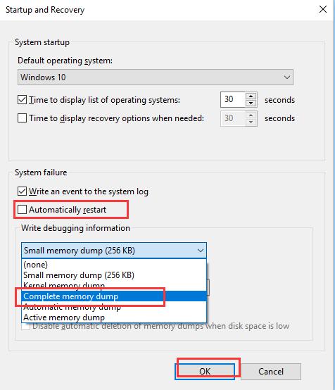 automatically restart complete memory dump