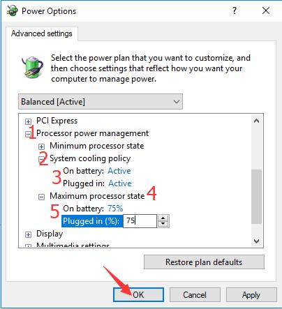 change processor power management in power options