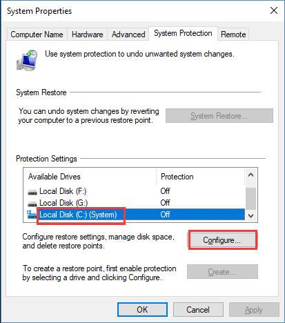 configure disk c protection settings