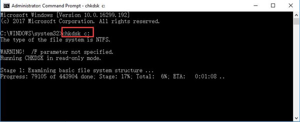 enter chkdsk c in the command