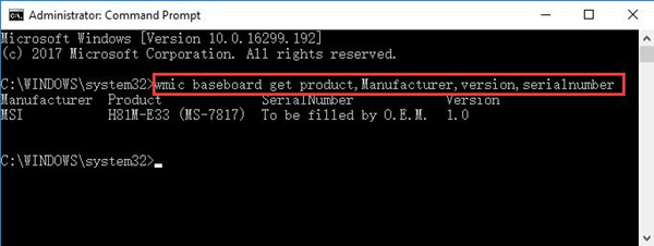 wmic baseboard get product manufacturer version serial number