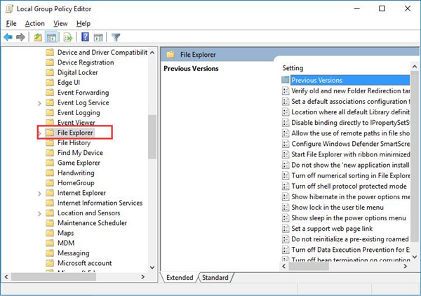 file explorer in local group policy editor