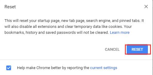 reset confirmation google chrome