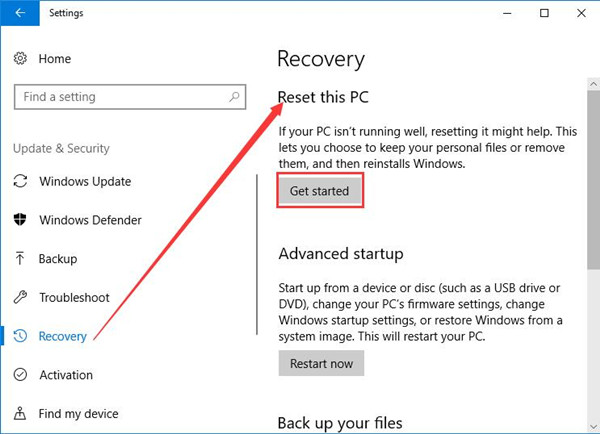 reset this pc in update & security