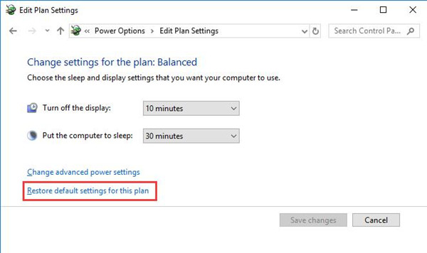 restore power settings for this plan