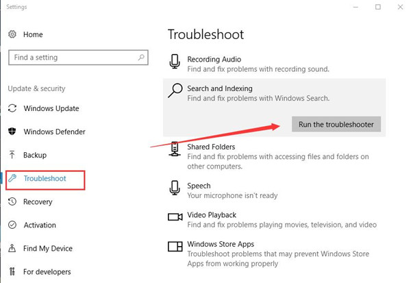 run search and indexing troubleshooter