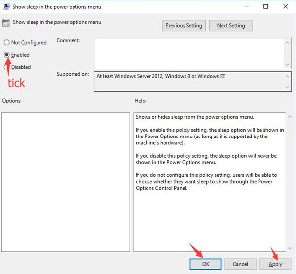 tick the option enabled sleep