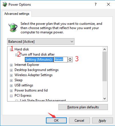 turn off hard disk after never in power options