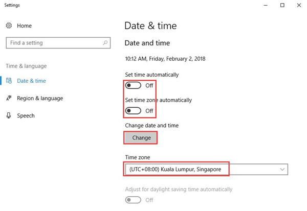 turn off set time and time zone automatically