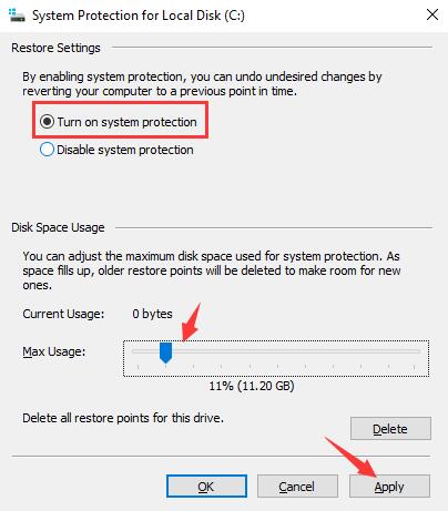 turn on system protection disk c