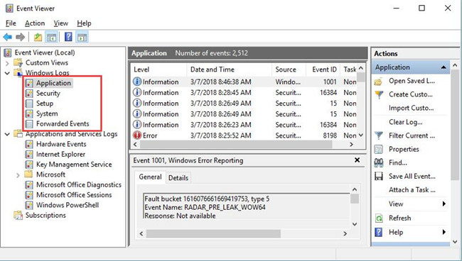 application security event under windows logs
